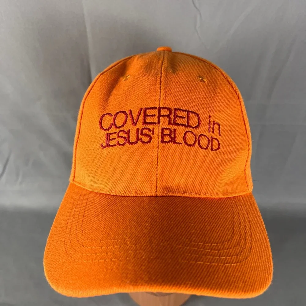 Unisex Baseball Cap One Size Orange Spellout Covered in Jesus Blood Christian